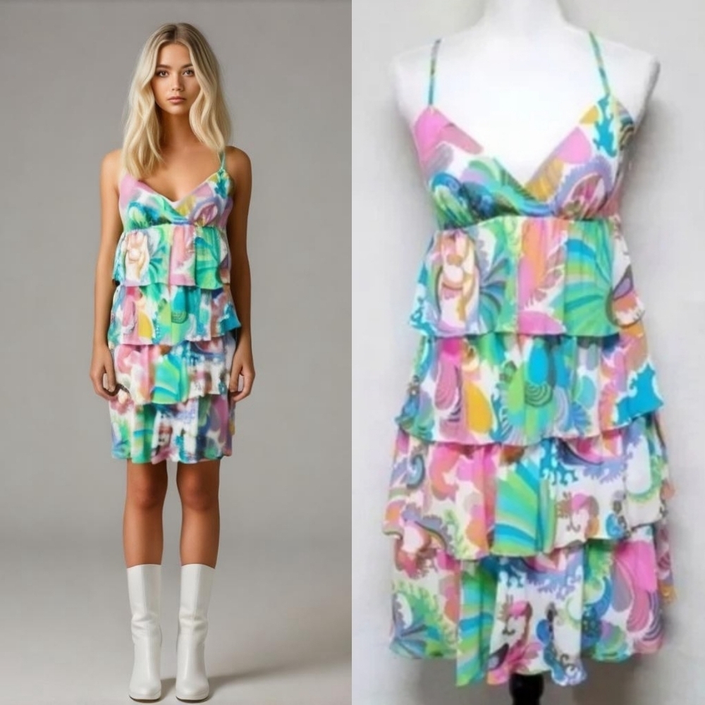 Psychedelic Vintage Trina Turk Silk Pastel Paisley Layered Ruffle Babydoll Dress